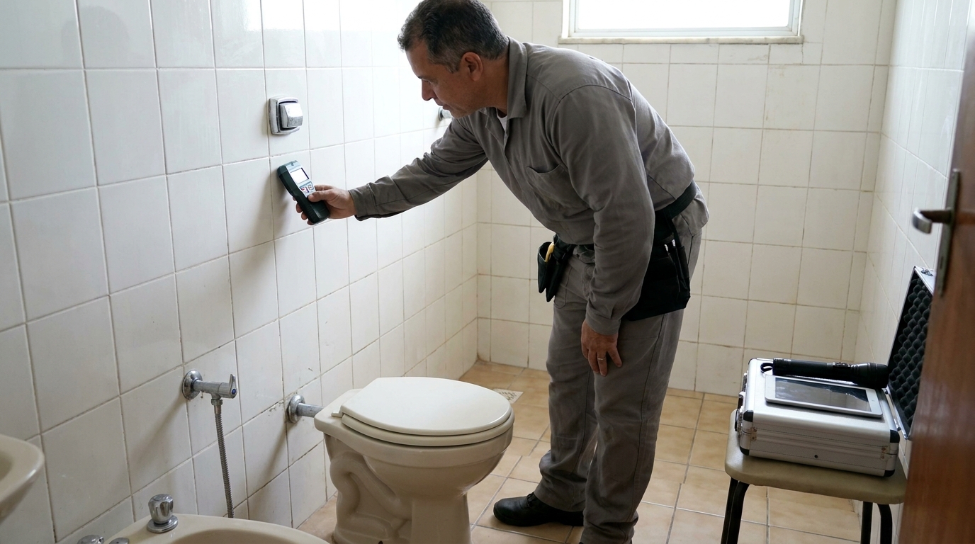 Técnico de caça vazamento analisando tubulação em Ipatinga‑MG
